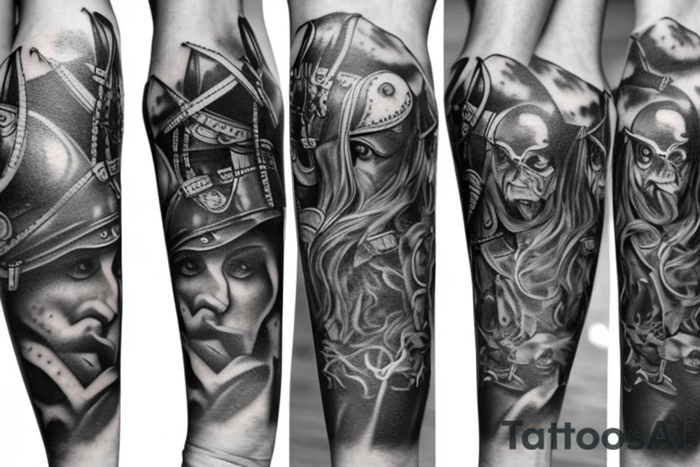 Full length sleeve mix of surrealism and viking with open space tattoo idea