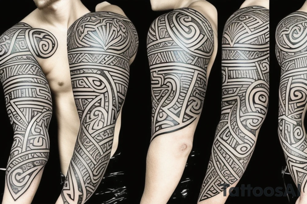 Full length sleeve mix of surrealism and Polynesian tattoo idea