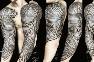 Full length sleeve mix of surrealism and Polynesian tattoo idea