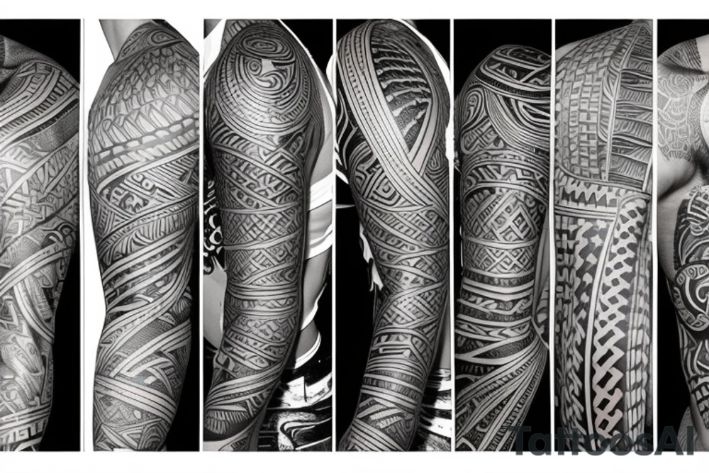 Full length sleeve mix of surrealism and Polynesian tattoo idea