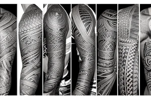 Full length sleeve mix of surrealism and Polynesian tattoo idea