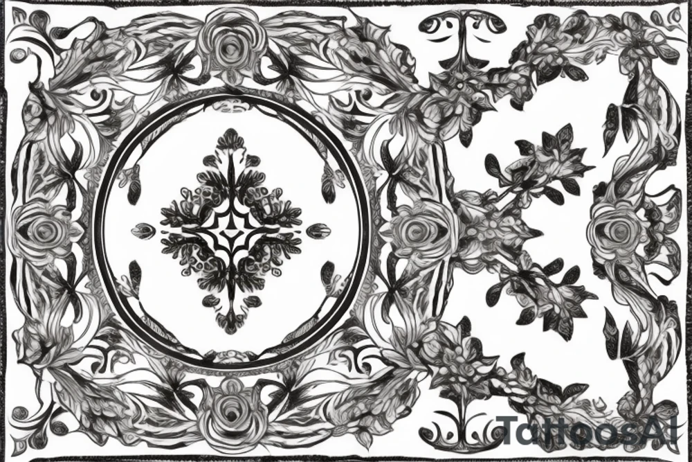 beautiful symmetrical decorative ornament with classical floral elements emanating from center of design, woodcutting template, decorative design, classical ornament, motif, bilateral symmetry, roses, leaves, flowers, buds, flowering buds, feathers, negative space, highly detailed etching tattoo idea
