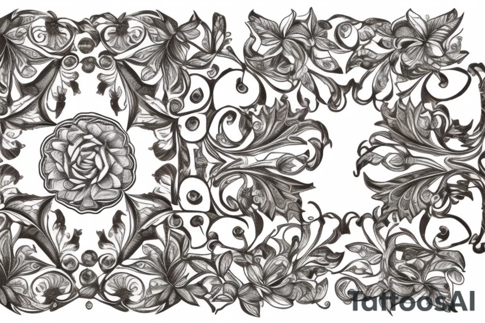 beautiful symmetrical decorative ornament with classical floral elements emanating from center of design, woodcutting template, decorative design, classical ornament, motif, bilateral symmetry, roses, leaves, flowers, buds, flowering buds, feathers, negative space, highly detailed etching tattoo idea