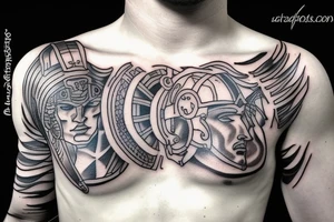 Handsome 25 year old Ares the greek god wearing a spartan helmet shirtless tattoo idea