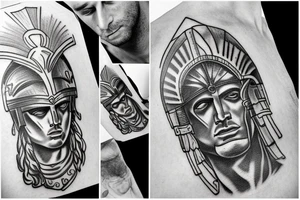 Handsome 25 year old Ares the greek god wearing a spartan helmet shirtless tattoo idea