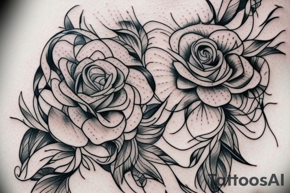 left shoulder tattoo that contains at least one rose and one bee.  design should be abstract not realistic.  should feel lacy and feminine tattoo idea