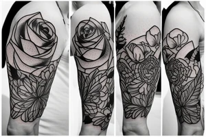 left shoulder tattoo that contains at least one rose and one bee should feel lacy and feminine tattoo idea
