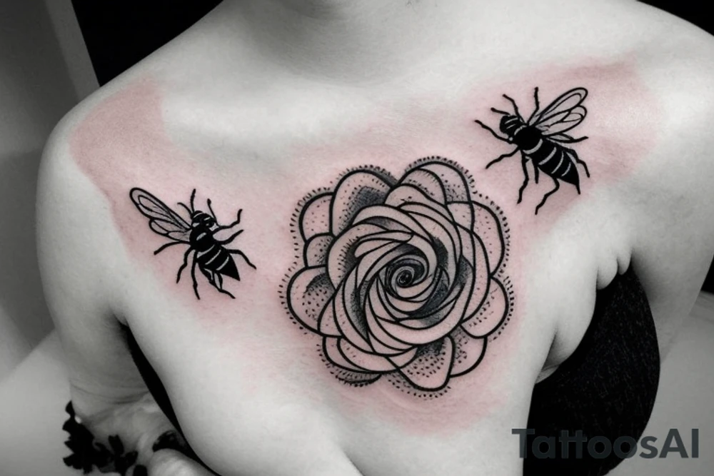 left shoulder tattoo that contains at least one rose and one bee should feel lacy and feminine tattoo idea