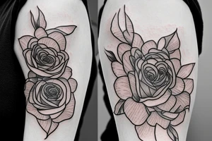 left shoulder tattoo that contains at least one rose and one bee should feel lacy and feminine tattoo idea