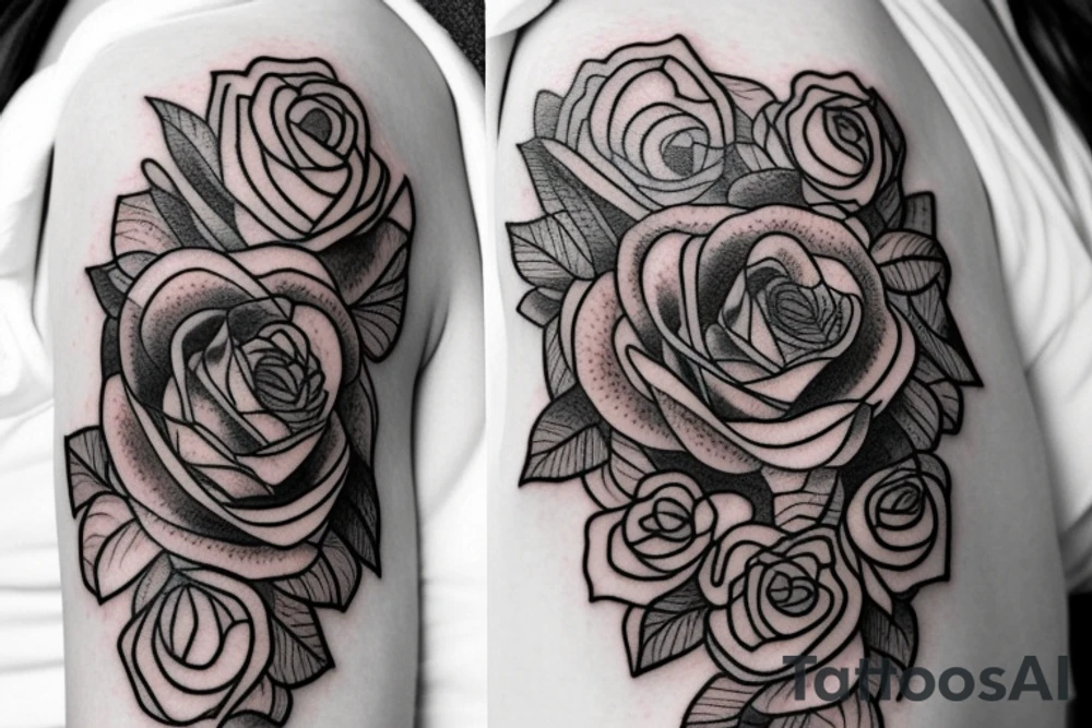 left shoulder tattoo that contains at least one rose and one bee should feel lacy and feminine tattoo idea