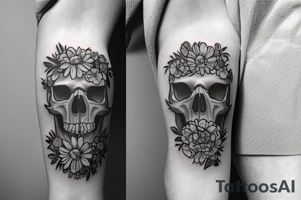 Thw skull of a bear with flowers and trees tattoo idea