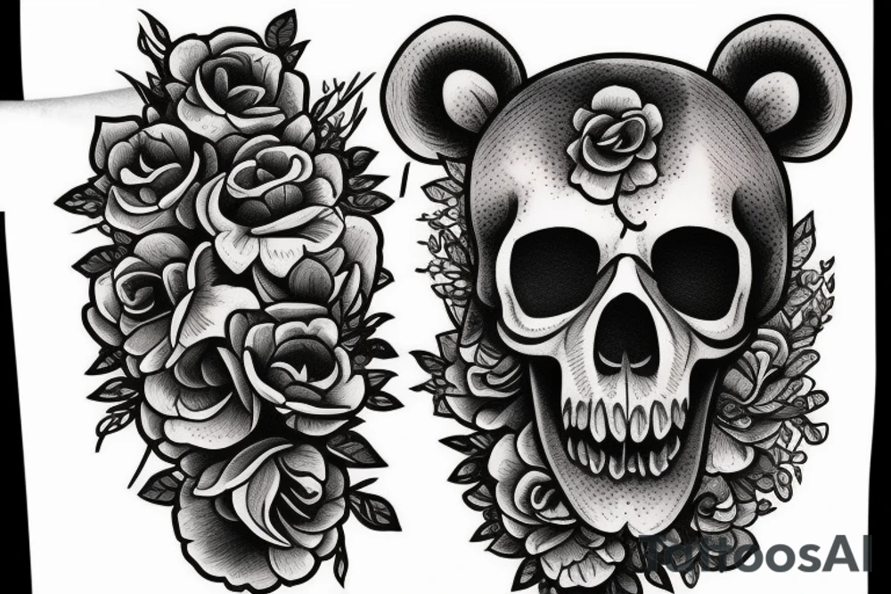 Thw skull of a bear with flowers and trees tattoo idea