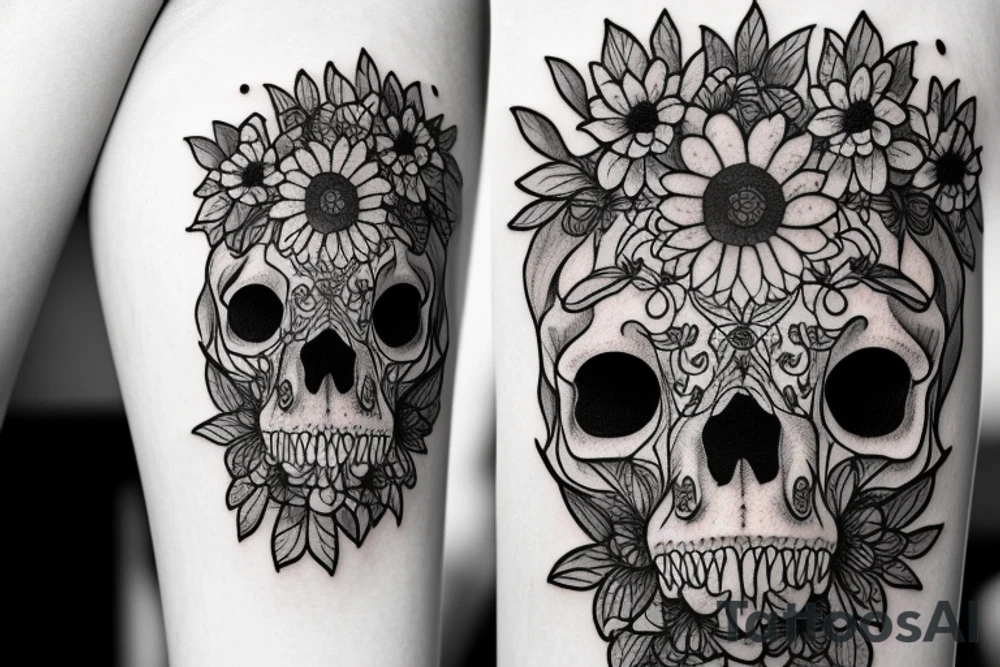Thw skull of a bear with flowers and trees tattoo idea