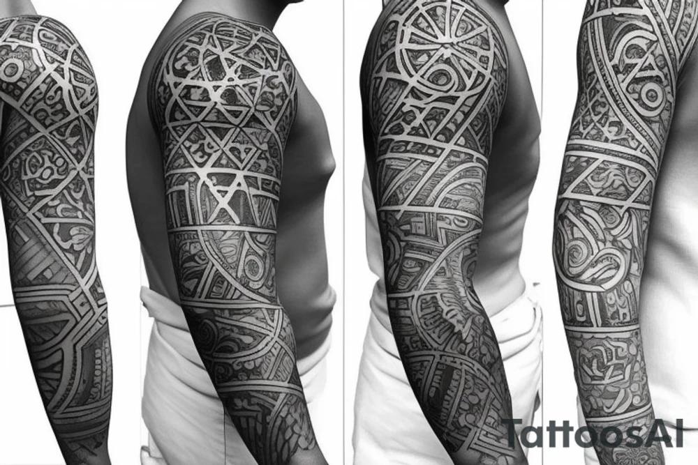 Design A Tattoo For A Male Shoulder Featuring Abstract Or Geometric Shapes In Black And Gray With A Hint Of color and a flower incorporated in the design. tattoo idea