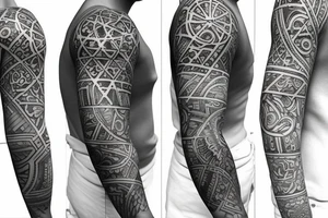 Design A Tattoo For A Male Shoulder Featuring Abstract Or Geometric Shapes In Black And Gray With A Hint Of color and a flower incorporated in the design. tattoo idea