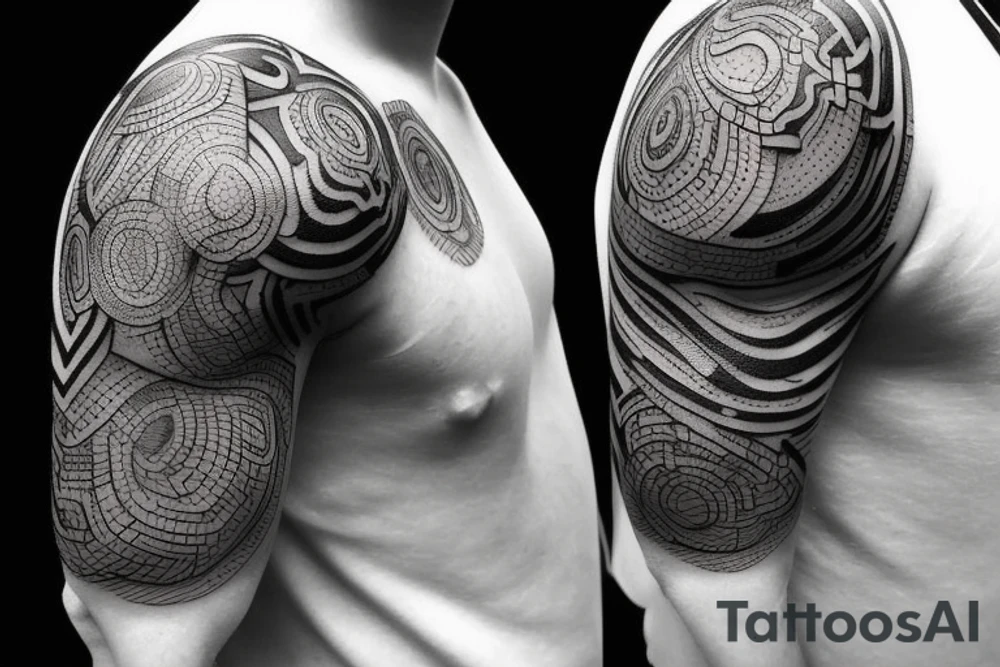Design A Tattoo For A Male Shoulder Featuring Abstract Or Geometric Shapes In Black And Gray With A Hint Of color and a flower incorporated in the design. tattoo idea