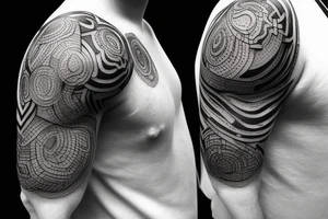 Design A Tattoo For A Male Shoulder Featuring Abstract Or Geometric Shapes In Black And Gray With A Hint Of color and a flower incorporated in the design. tattoo idea
