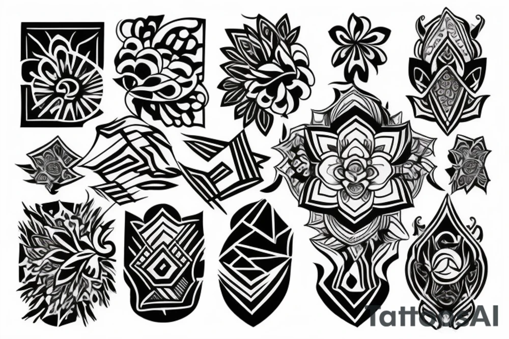 Design A Tattoo For A Male Shoulder Featuring Abstract Or Geometric Shapes In Black And Gray With A Hint Of color and a flower incorporated in the design. tattoo idea