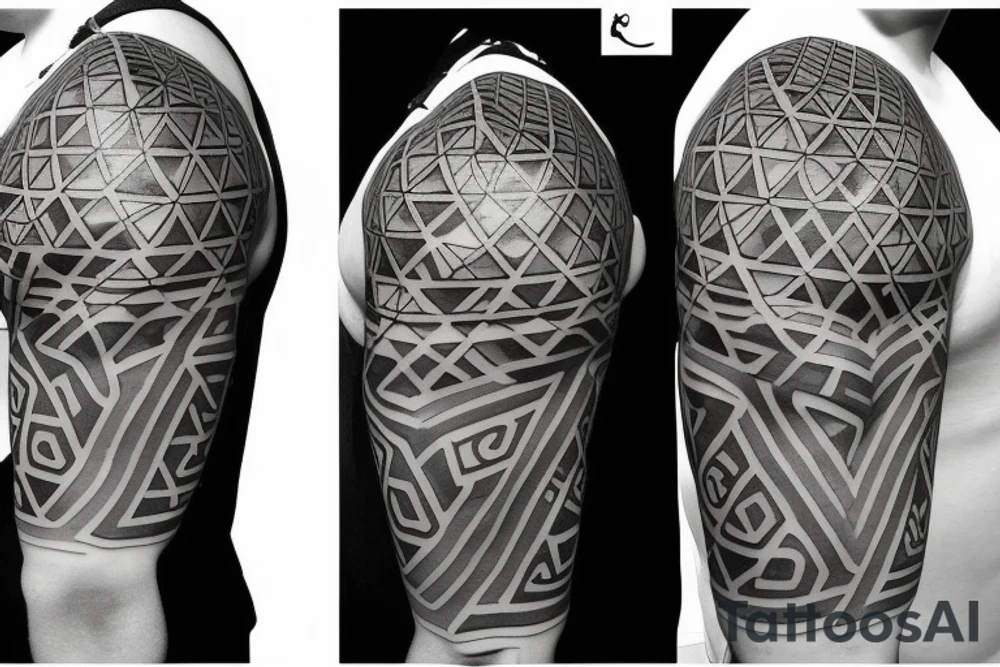 Design A Tattoo For A Male Shoulder Featuring Abstract Or Geometric Shapes In Black And Gray With A Hint Of color and a flower incorporated in the design. tattoo idea