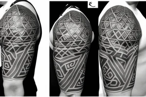 Design A Tattoo For A Male Shoulder Featuring Abstract Or Geometric Shapes In Black And Gray With A Hint Of color and a flower incorporated in the design. tattoo idea