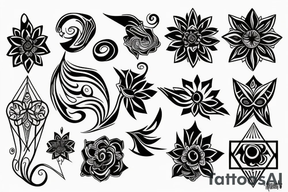 Design A Tattoo For A Male Shoulder Featuring Abstract Or Geometric Shapes In Black And Gray With A Hint Of color and a flower incorporated in the design. tattoo idea