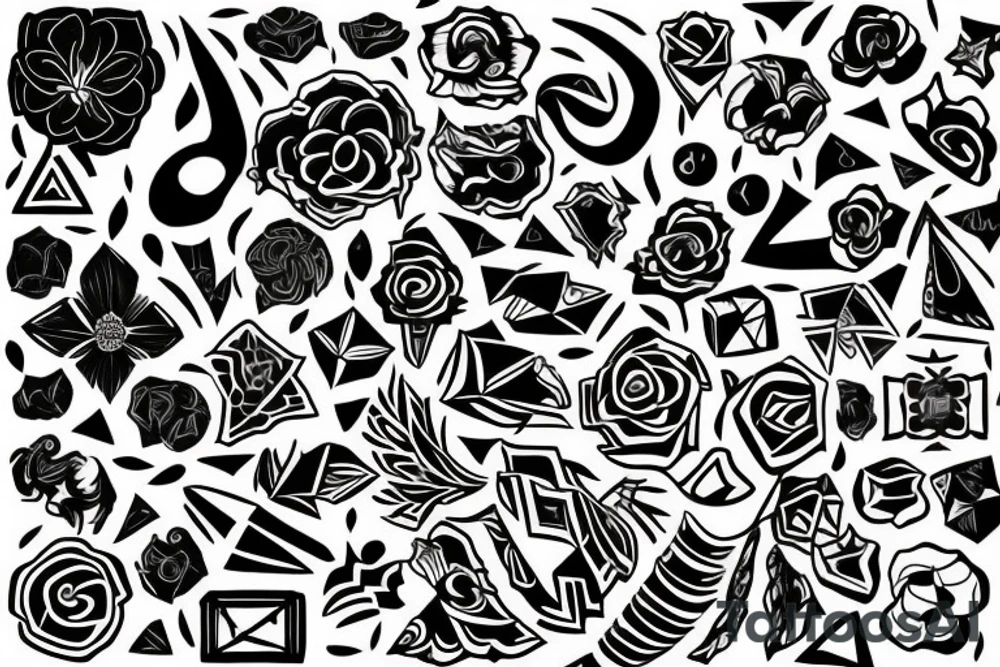 Design A Tattoo For A Male Shoulder Featuring Abstract Or Geometric Shapes In Black And Gray With A Hint Of color and a flower incorporated in the design. tattoo idea