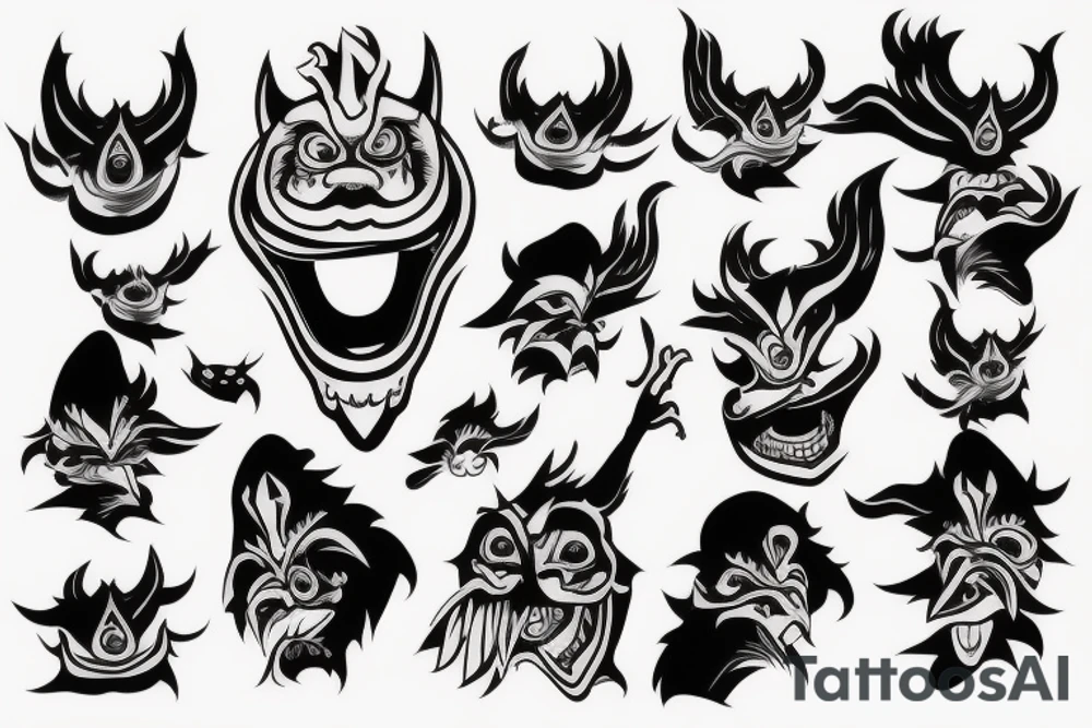 A shapeless monster in a Tengu mask gets out of the hole tattoo idea