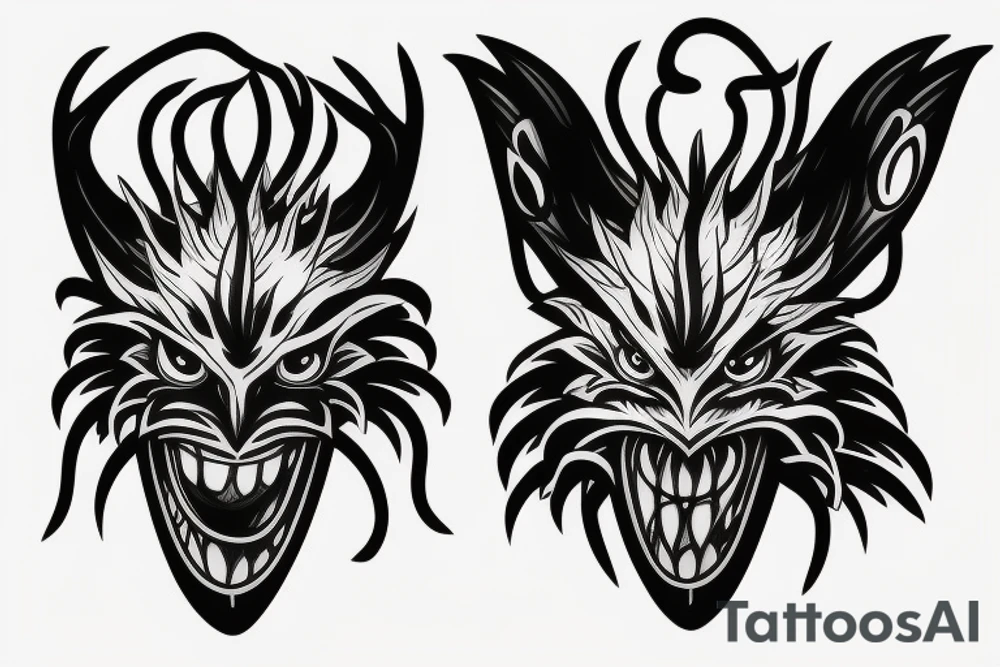 A shapeless monster in a Tengu mask gets out of the hole tattoo idea