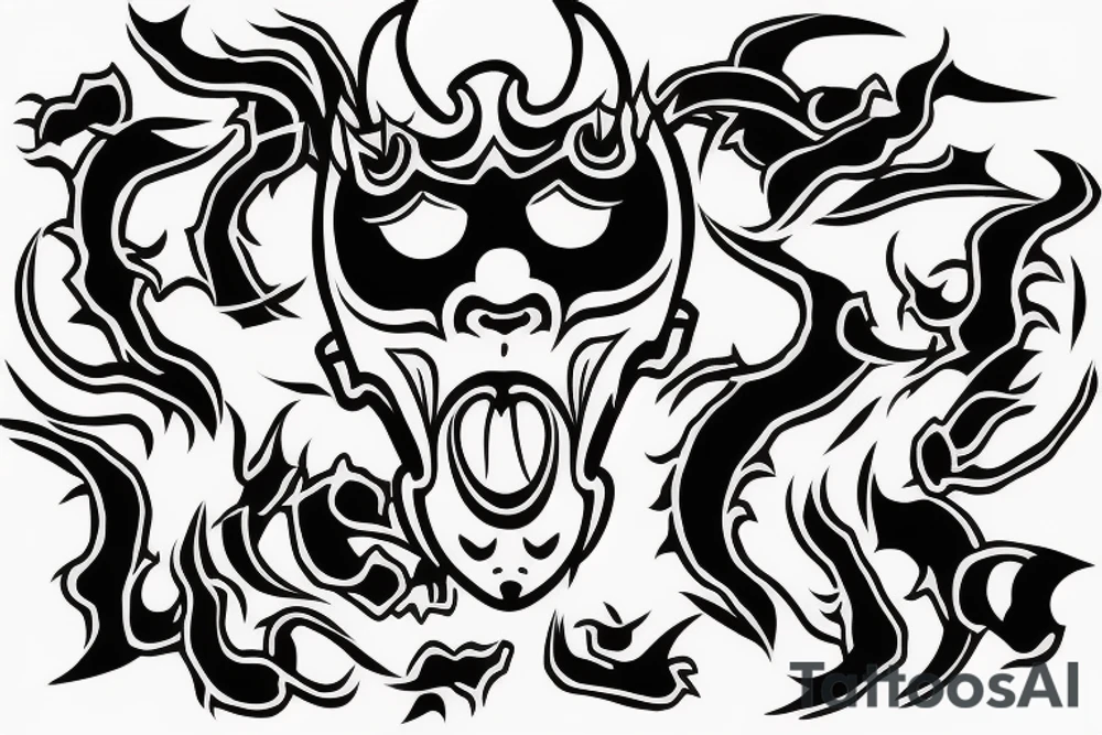 A shapeless monster in a Tengu mask gets out of the unformed hole tattoo idea