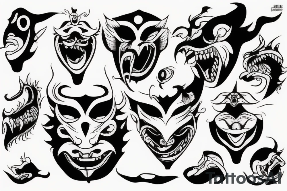A shapeless monster in a Tengu mask gets out of the unformed hole tattoo idea