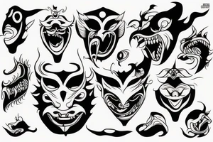 A shapeless monster in a Tengu mask gets out of the unformed hole tattoo idea