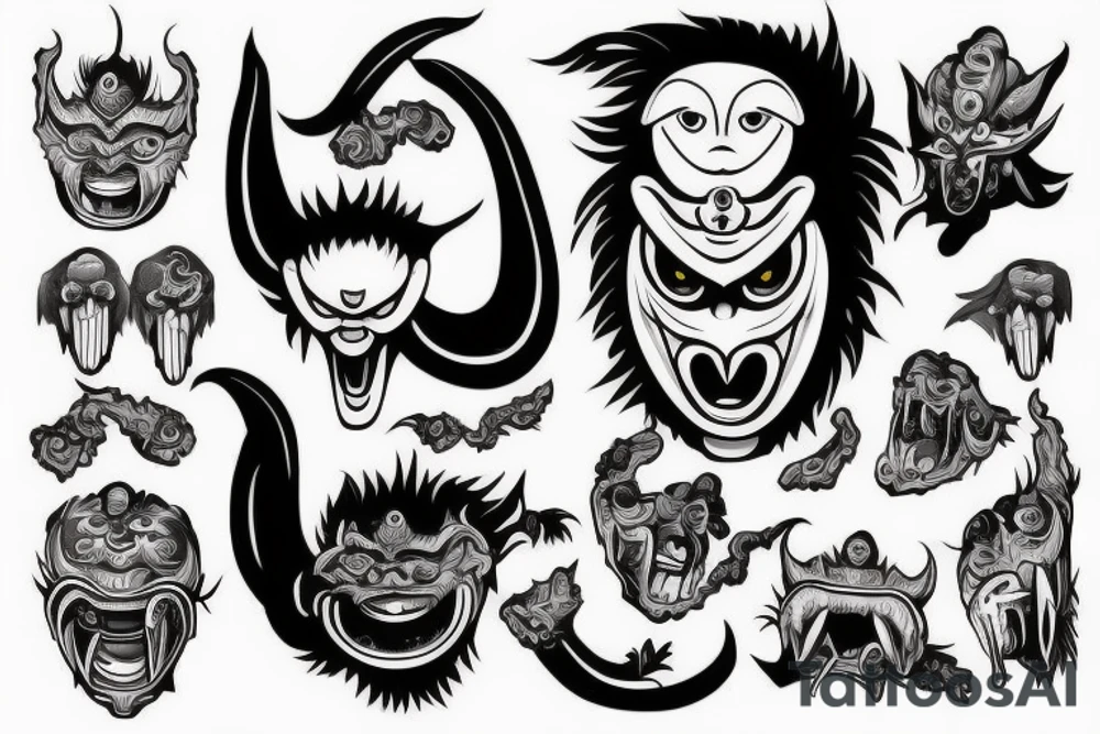 A shapeless monster in a Tengu mask gets out of the unformed hole tattoo idea