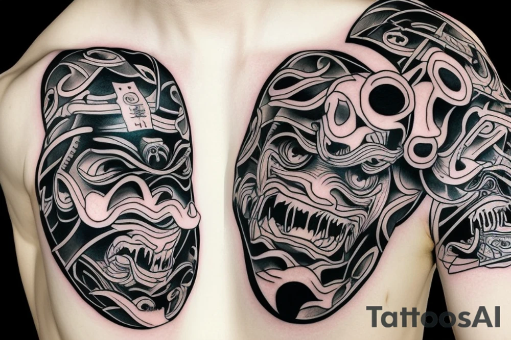A shapeless monster in a japanese mask gets out of the unformed hole tattoo idea