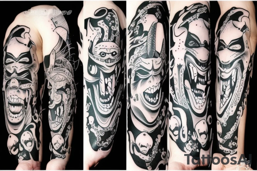 A shapeless monster in a japanese mask gets out of the unformed hole tattoo idea