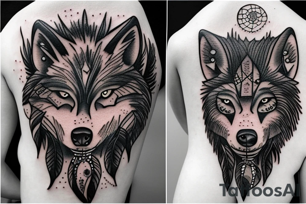 Wolf cub and adult wolf on dream catcher with falling crystals tattoo idea