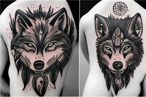 Wolf cub and adult wolf on dream catcher with falling crystals tattoo idea