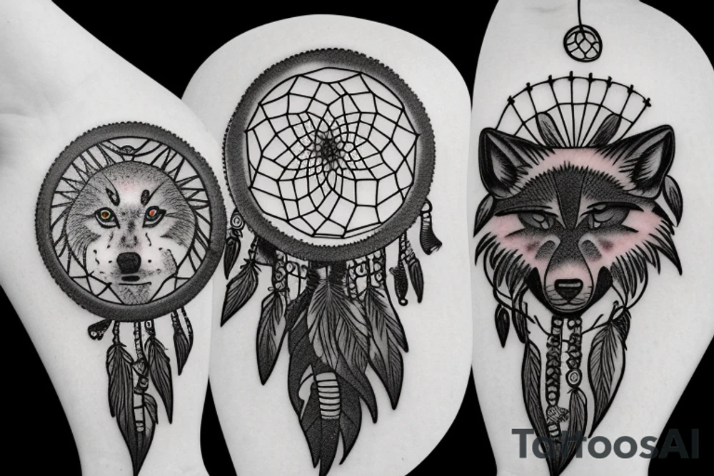 Wolf cub and adult wolf on dream catcher with falling crystals tattoo idea