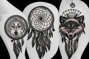 Wolf cub and adult wolf on dream catcher with falling crystals tattoo idea