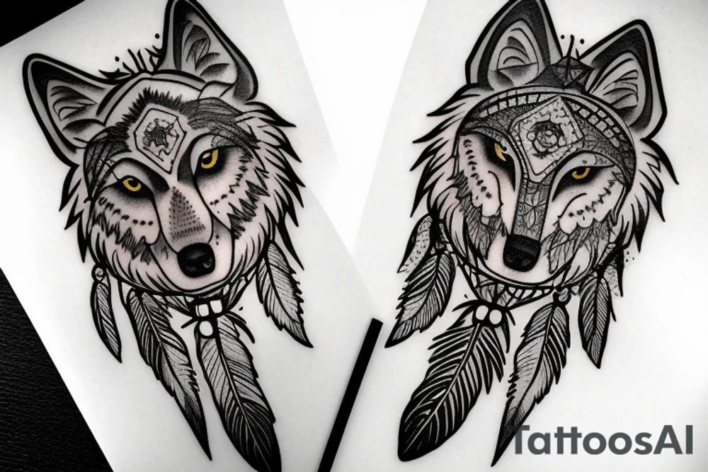 Wolf cub and adult wolf on dream catcher with falling crystals tattoo idea