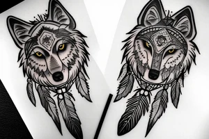 Wolf cub and adult wolf on dream catcher with falling crystals tattoo idea