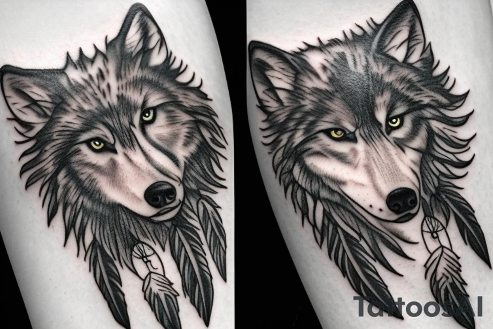 Wolf cub and adult wolf on dream catcher with falling crystals tattoo idea