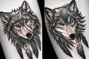 Wolf cub and adult wolf on dream catcher with falling crystals tattoo idea