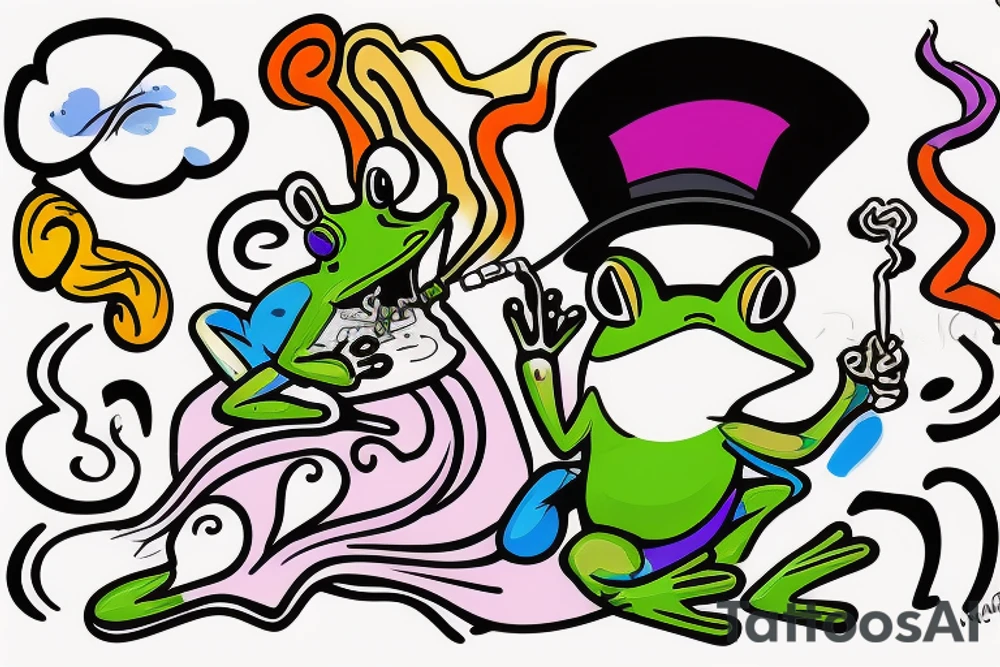 Cartoonish colorful small frog wearing a top hat smoking a joint on a rock tattoo idea
