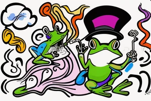 Cartoonish colorful small frog wearing a top hat smoking a joint on a rock tattoo idea
