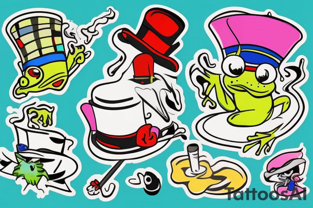 Cartoonish colorful small frog wearing a top hat smoking a joint on a rock tattoo idea
