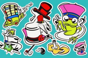 Cartoonish colorful small frog wearing a top hat smoking a joint on a rock tattoo idea