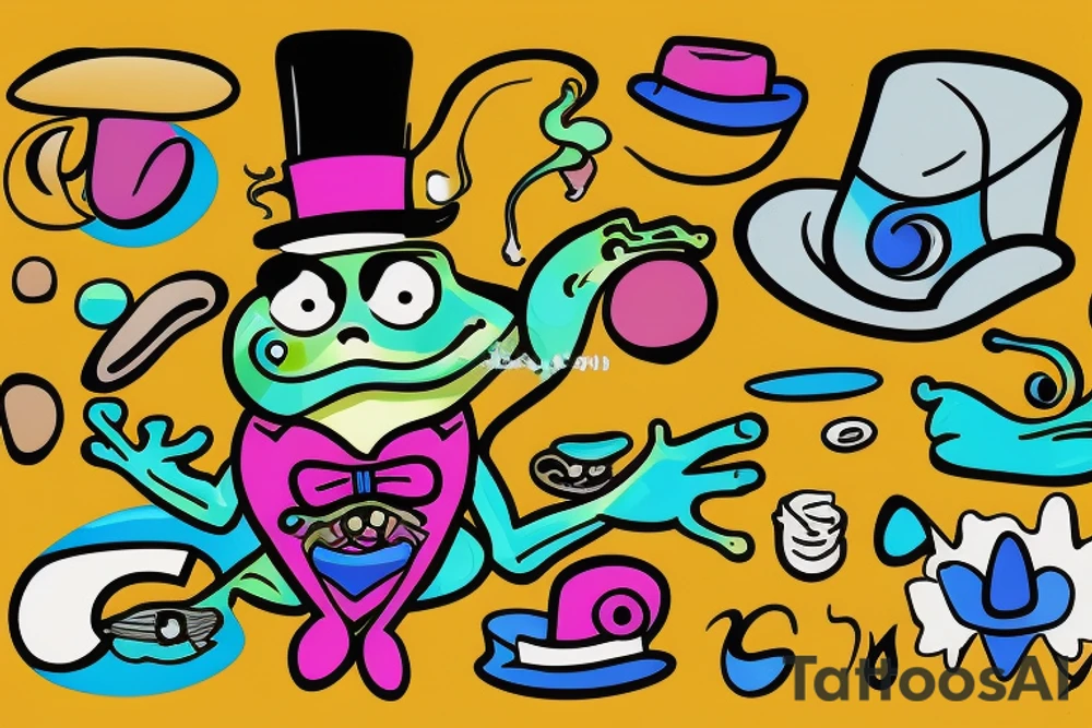 Cartoonish colorful small frog wearing a top hat smoking a joint on a rock tattoo idea