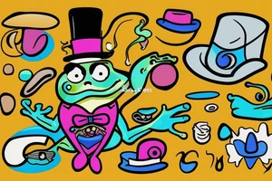 Cartoonish colorful small frog wearing a top hat smoking a joint on a rock tattoo idea