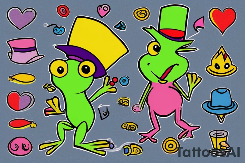 Cartoonish colorful small frog wearing a top hat smoking a joint on a rock tattoo idea
