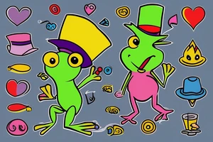 Cartoonish colorful small frog wearing a top hat smoking a joint on a rock tattoo idea